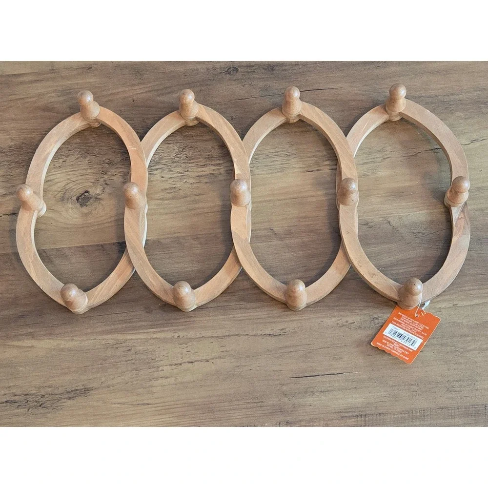 Natural Wood Accordion Wall Rack 13 Peg Expandable Oval Link Hanging Organizer